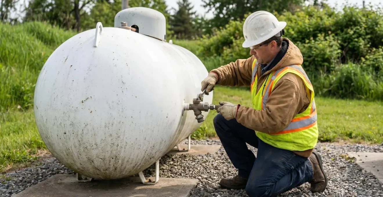 Vue rapprochée d'une citerne propane blanche installée sur un terrain professionnel, entourée de végétation, avec un technicien effectuant une vérification