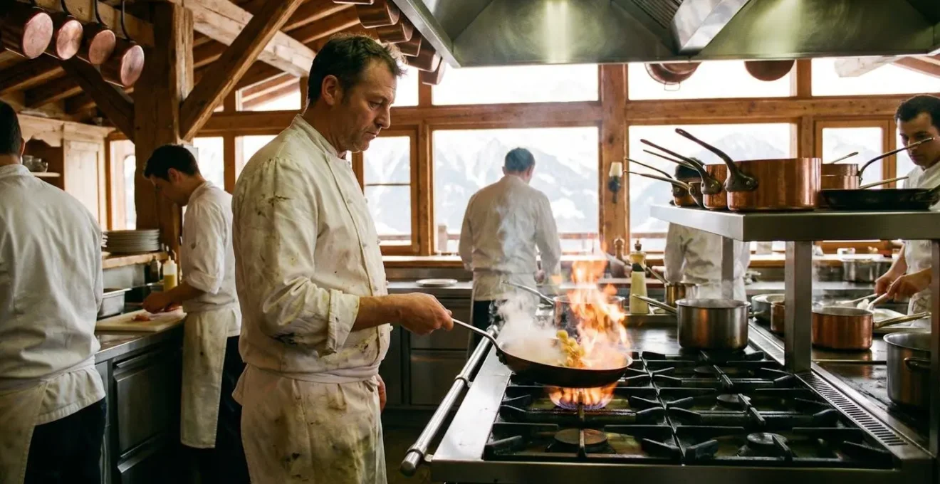 Cuisinier professionnel travaillant sur une cuisinière à gaz dans la cuisine d'un restaurant saisonnier de montagne, ambiance chaleureuse et dynamique