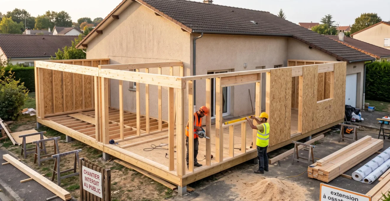 Chantier d'extension ossature bois en cours de montage, montrant la structure platform frame avec montants verticaux et panneaux OSB, deux artisans assemblant les murs, maison existante en arrière-plan