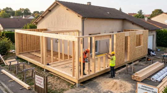 Chantier d'extension ossature bois en cours de montage, montrant la structure platform frame avec montants verticaux et panneaux OSB, deux artisans assemblant les murs, maison existante en arrière-plan