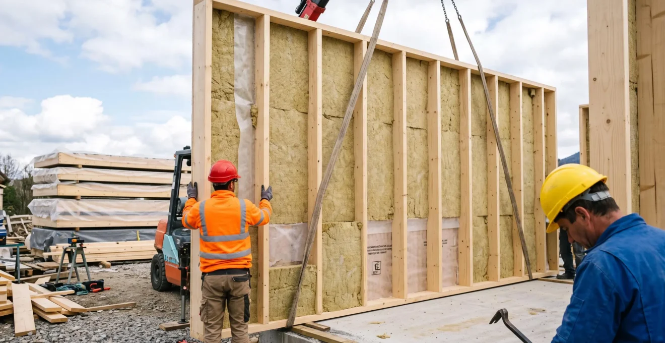 Panneau mural préfabriqué en ossature platform frame en position verticale, montrant les montants en bois espacés régulièrement, l'isolant entre montants et le pare-vapeur, deux ouvriers guidant le levage