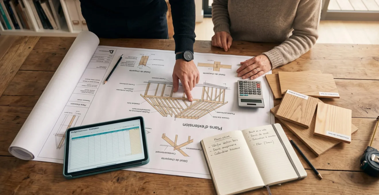 Vue plongeante sur une table de travail avec plans d'extension bois déroulés, échantillons de matériaux, calculatrice et tablette, mains d'un propriétaire et d'un architecte consultant les documents